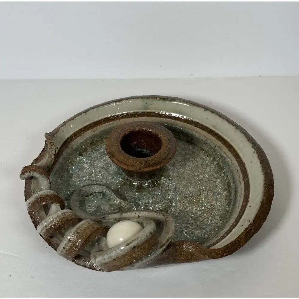 Art Studio Pottery Signed Objet d'art Hand Crafted Stoneware Candlestick Holder